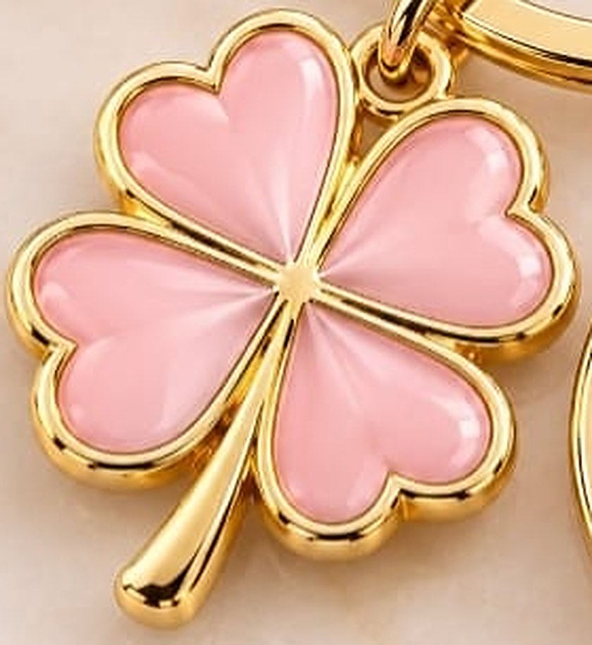 Close-up of a pink enamel clover charm