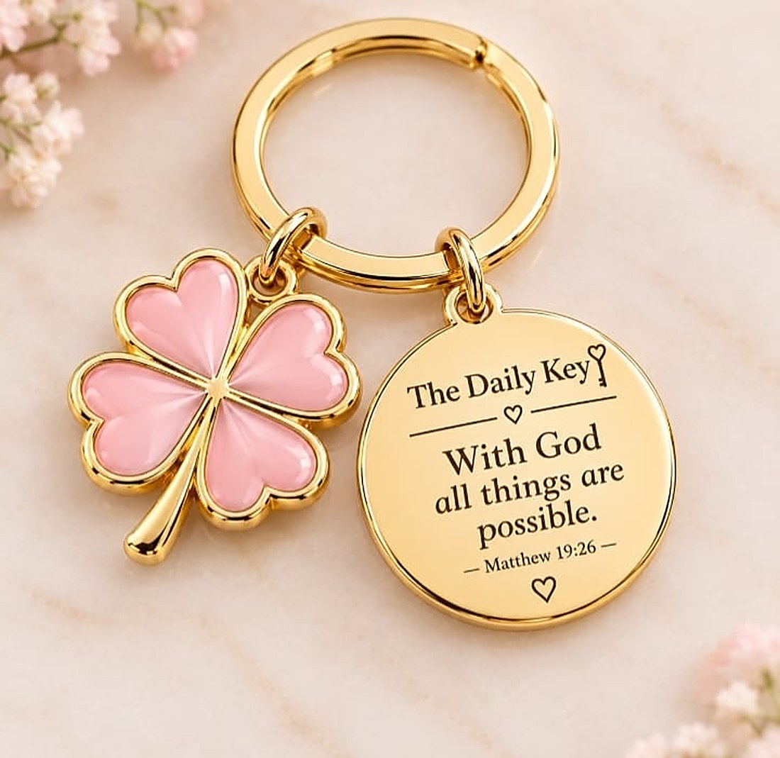 Pink clover charm keychain with an engraved gold disc