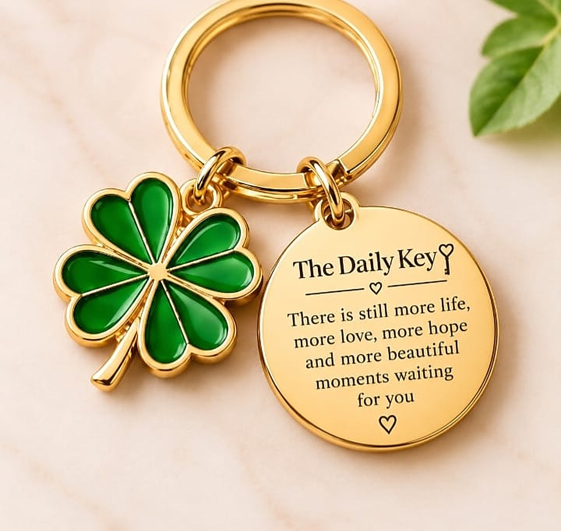 Gold keychain with a green clover charm and an engraved disc